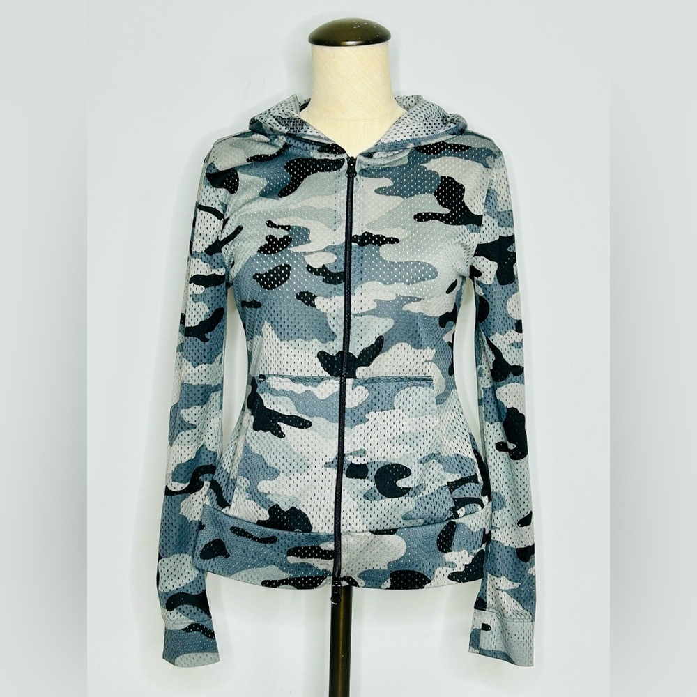 Grey and Black Camo Mesh Zip-Front Hoodie, size Small